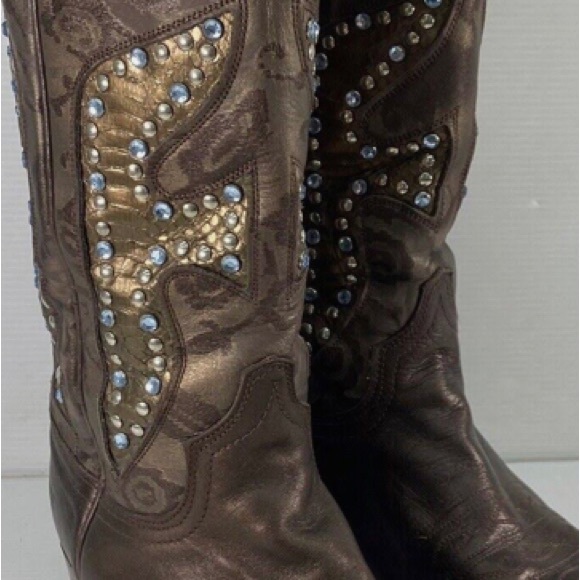 Frye cowgirl boots Daisy Duke Brown Leather Studded Western Womens 9 preowned - Picture 7 of 7